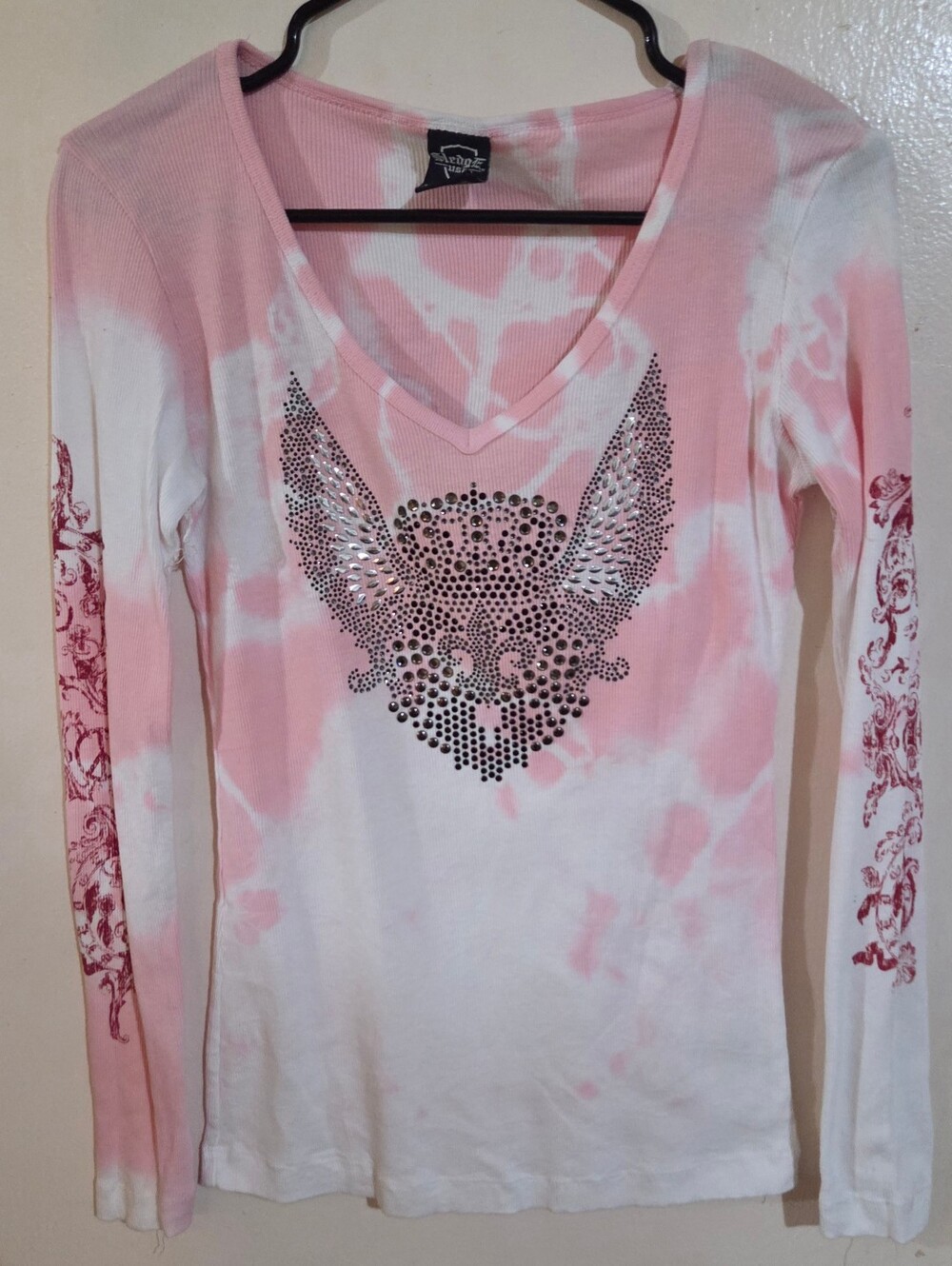 Y2K Sledge USA Bling Pink Tie Dye Gothic Tattoo Ribbed Long Sleeve Shirt Size L